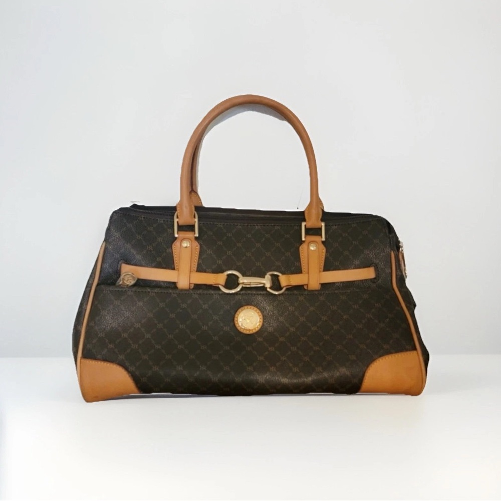 Rioni Signature Satchel Organizer Handbag Brown/Tan Monogram Pattern Moda Italia